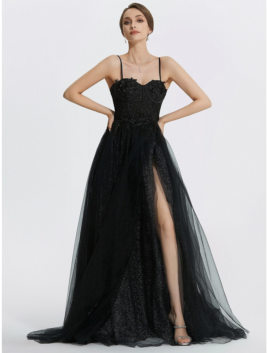 Model posing in the sweetheart neckline A-line dress, suitable for formal events.
