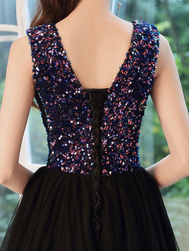 Full view of the sleeveless A-line dress, showcasing its floor-length design.