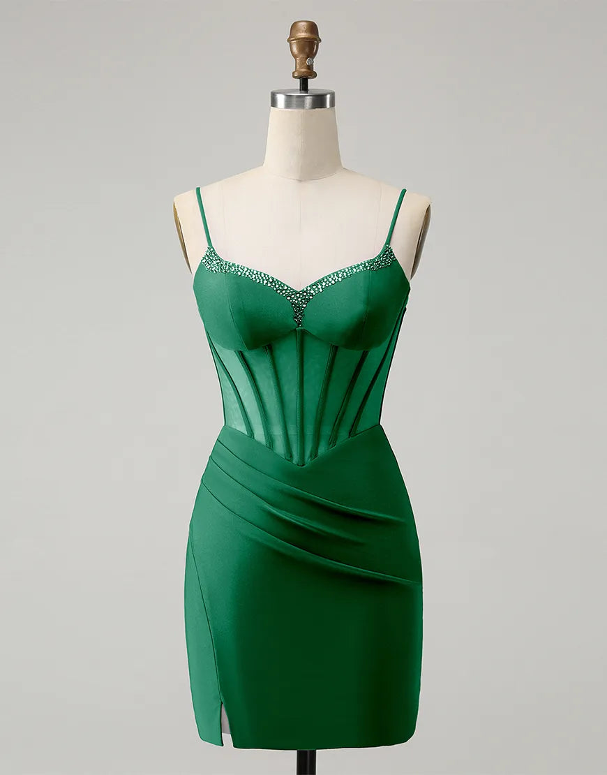 Detail of the shimmering fabric and elegant silhouette.
