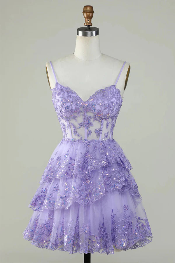 Lavender glitter lace corset tiered A-line homecoming dress.