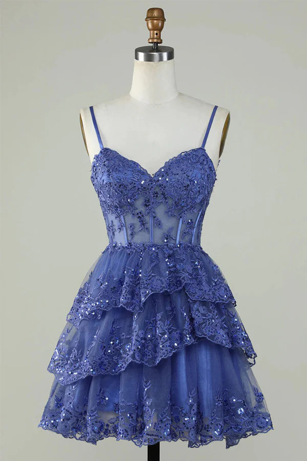 Back view of lavender tiered ruffle homecoming dress.