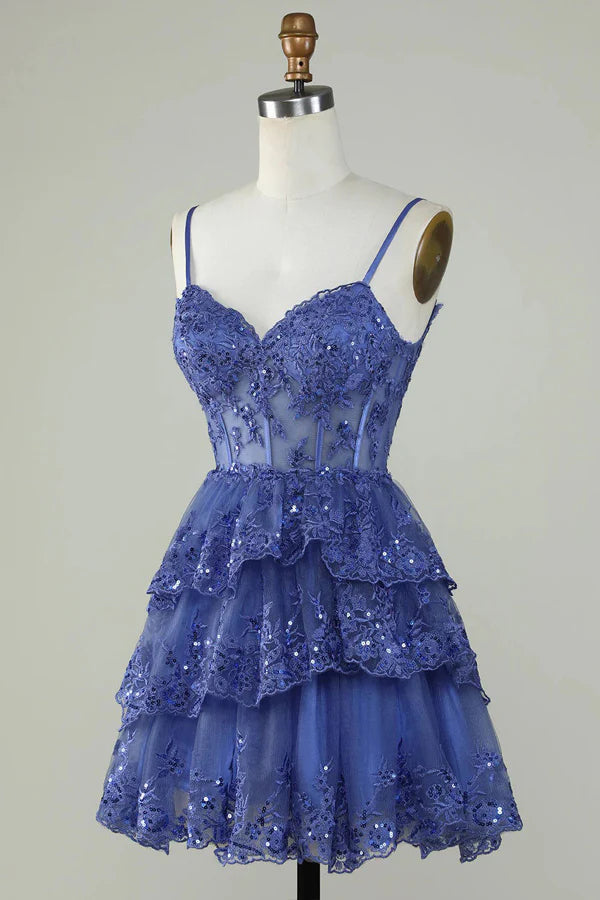 Side view of lavender short tiered homecoming dress.