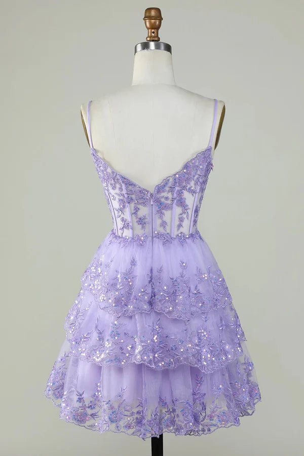 Model wearing a lavender glitter lace homecoming dress.