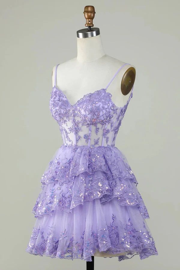 Full length view of lavender A-line ruffle tiered dress.