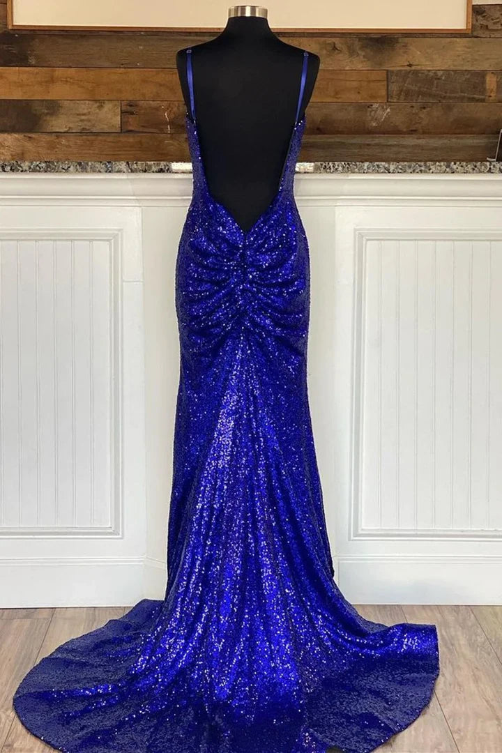 Back view of a royal blue glitter sequin formal dress.