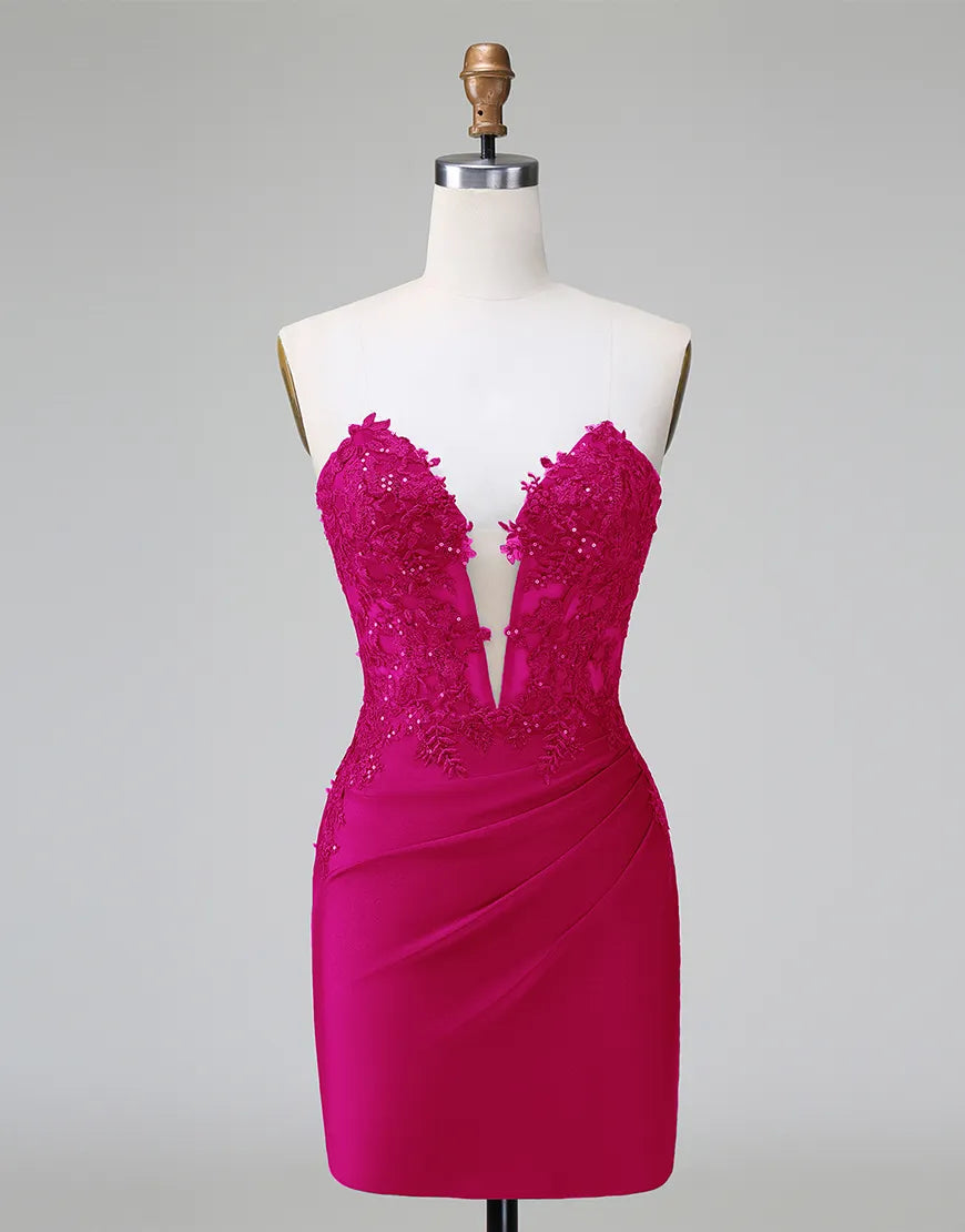 Model posing in a vibrant fuchsia glitter sheath dress.