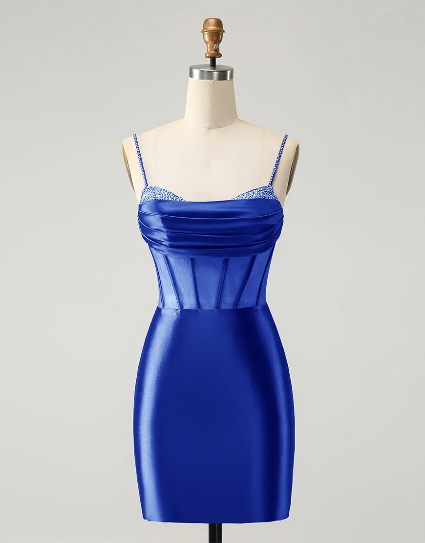 Side view of the glitter beaded halter corset satin formal gown.