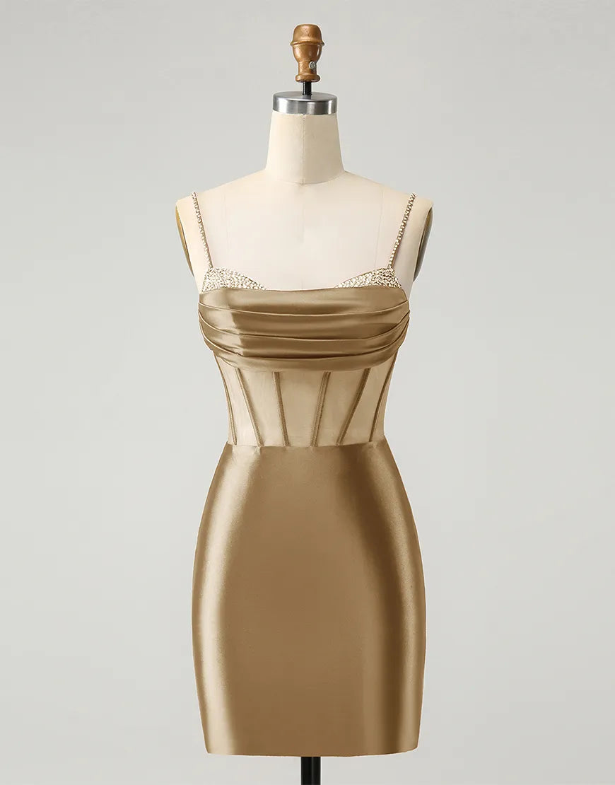 Detail of the halter neckline and beaded corset on the satin dress.