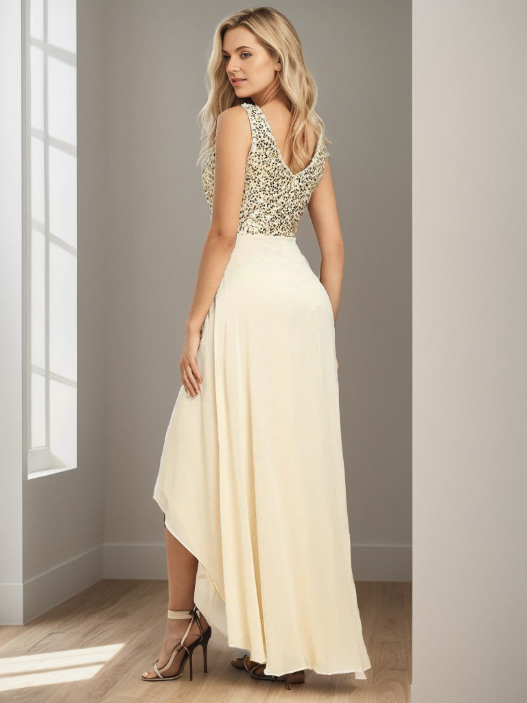 Sexy High-Low Maxi Chiffon Evening Dresses with Sequin