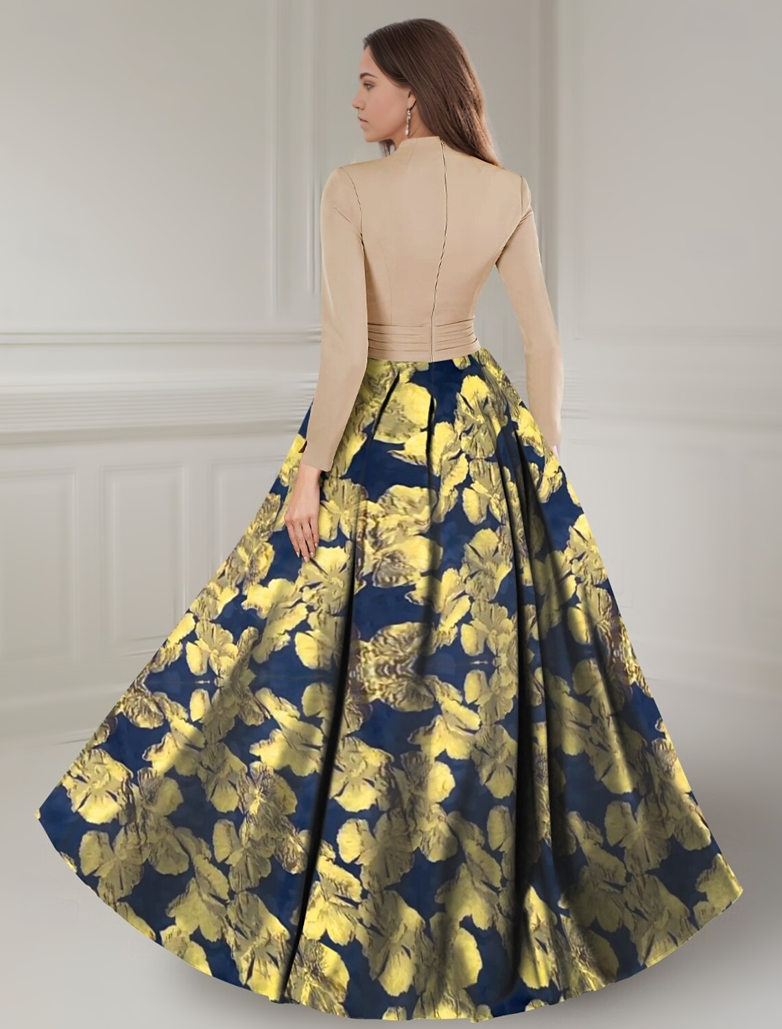 Back view of the gold floral brocade A-line Mother of the Bride dress with long sleeves.