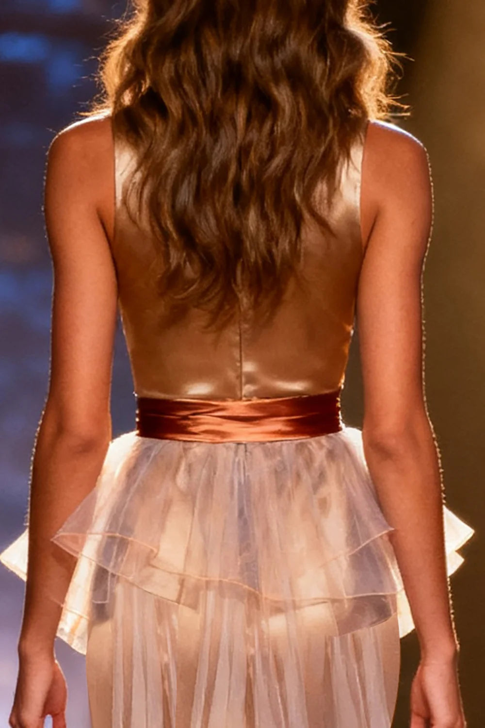 Gold High Neck Prom Dress With Satin Waist Sash And Tulle Overlay Mermaid Silhouette For Formal Evening Party