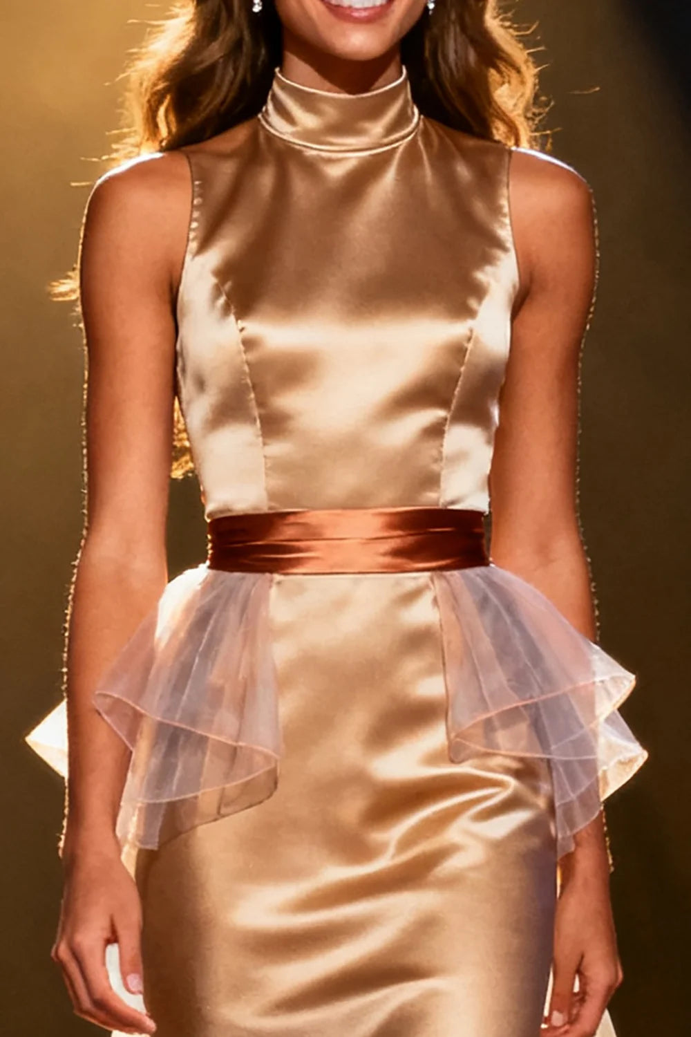 Gold High Neck Prom Dress With Satin Waist Sash And Tulle Overlay Mermaid Silhouette For Formal Evening Party