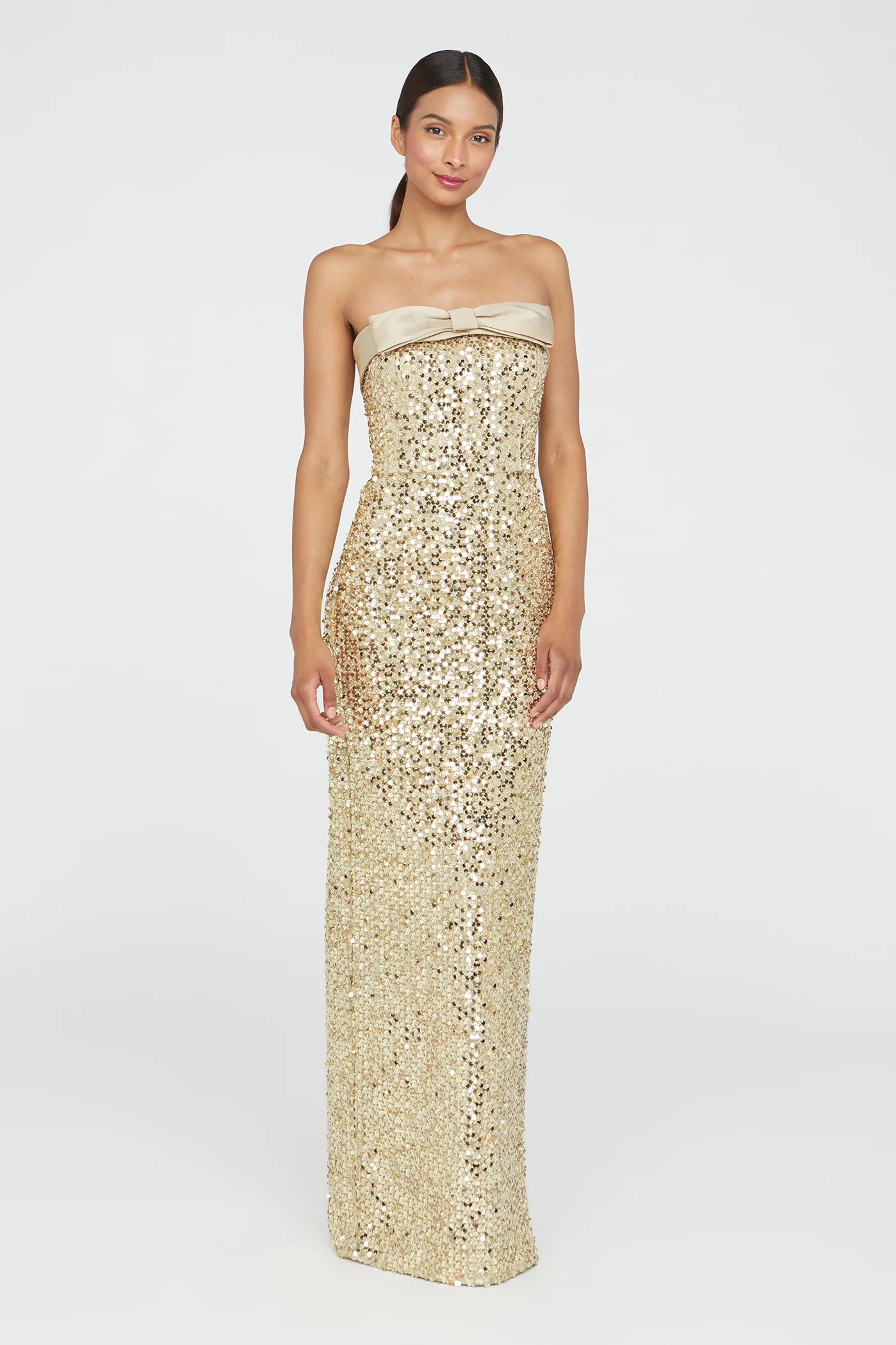 Gold Sequin Sheath Strapless Satin Bow Detail High Slit Floor Length Formal Evening Prom Dress