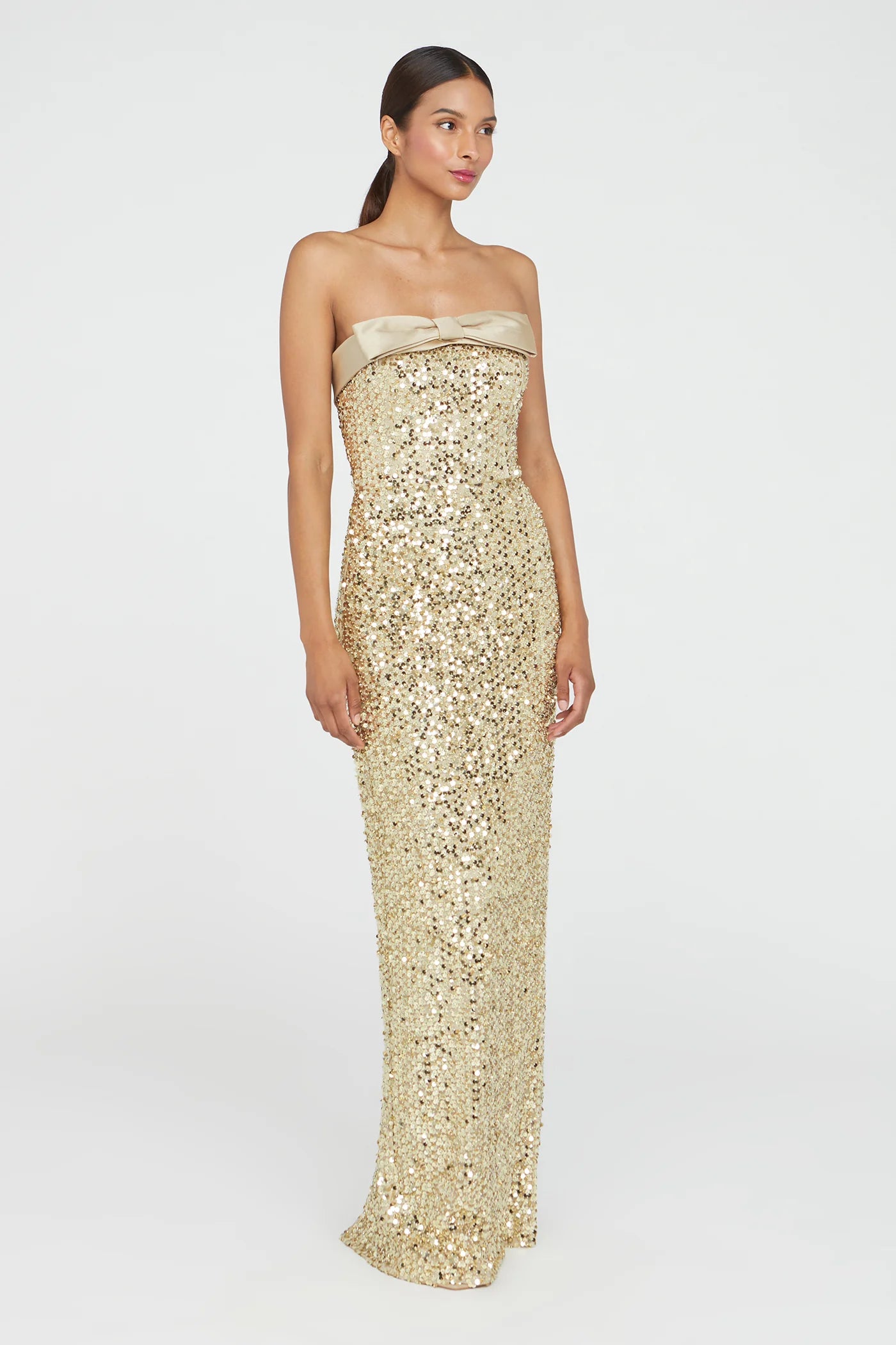 Gold Sequin Sheath Strapless Satin Bow Detail High Slit Floor Length Formal Evening Prom Dress
