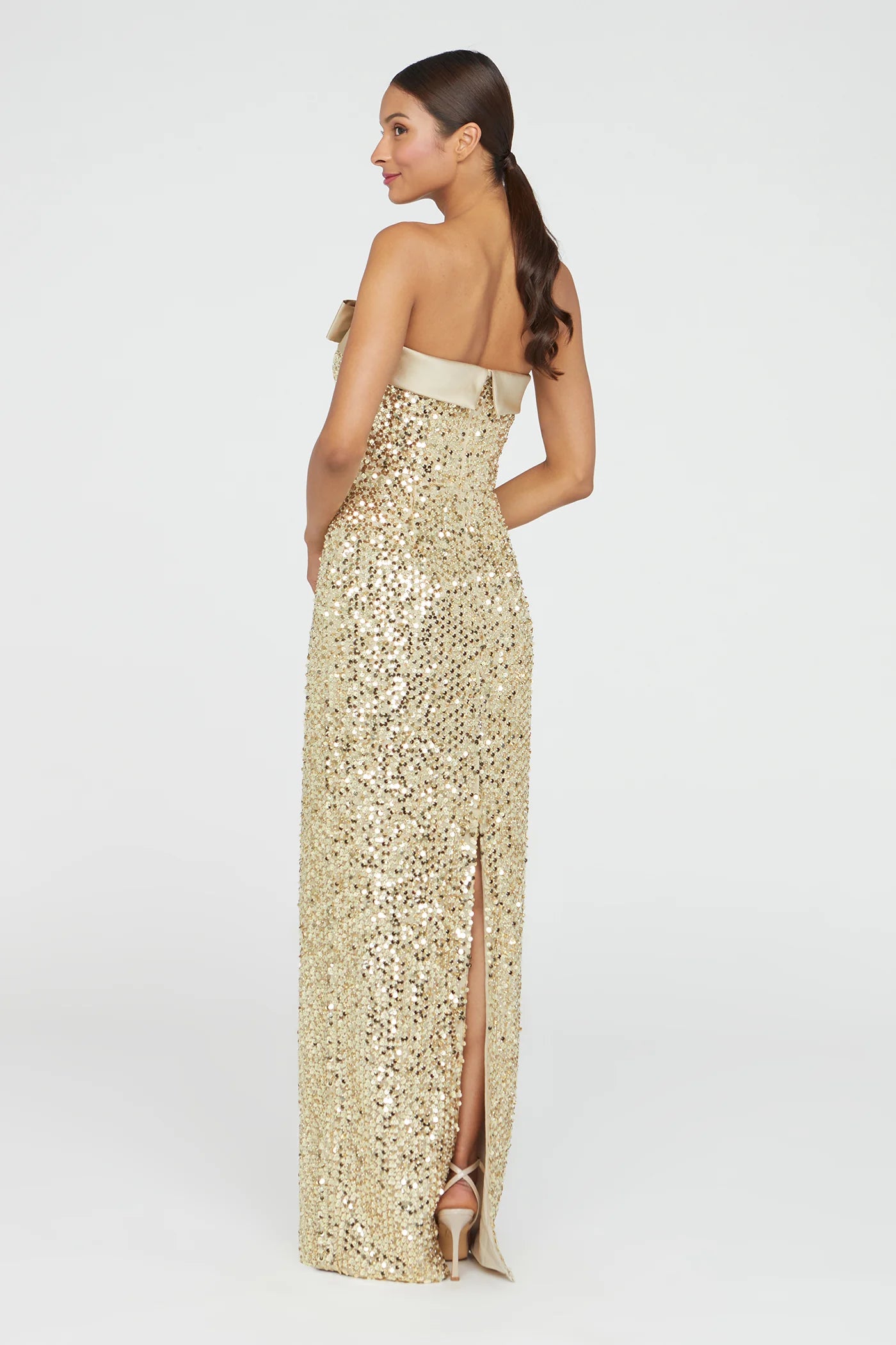 Gold Sequin Sheath Strapless Satin Bow Detail High Slit Floor Length Formal Evening Prom Dress
