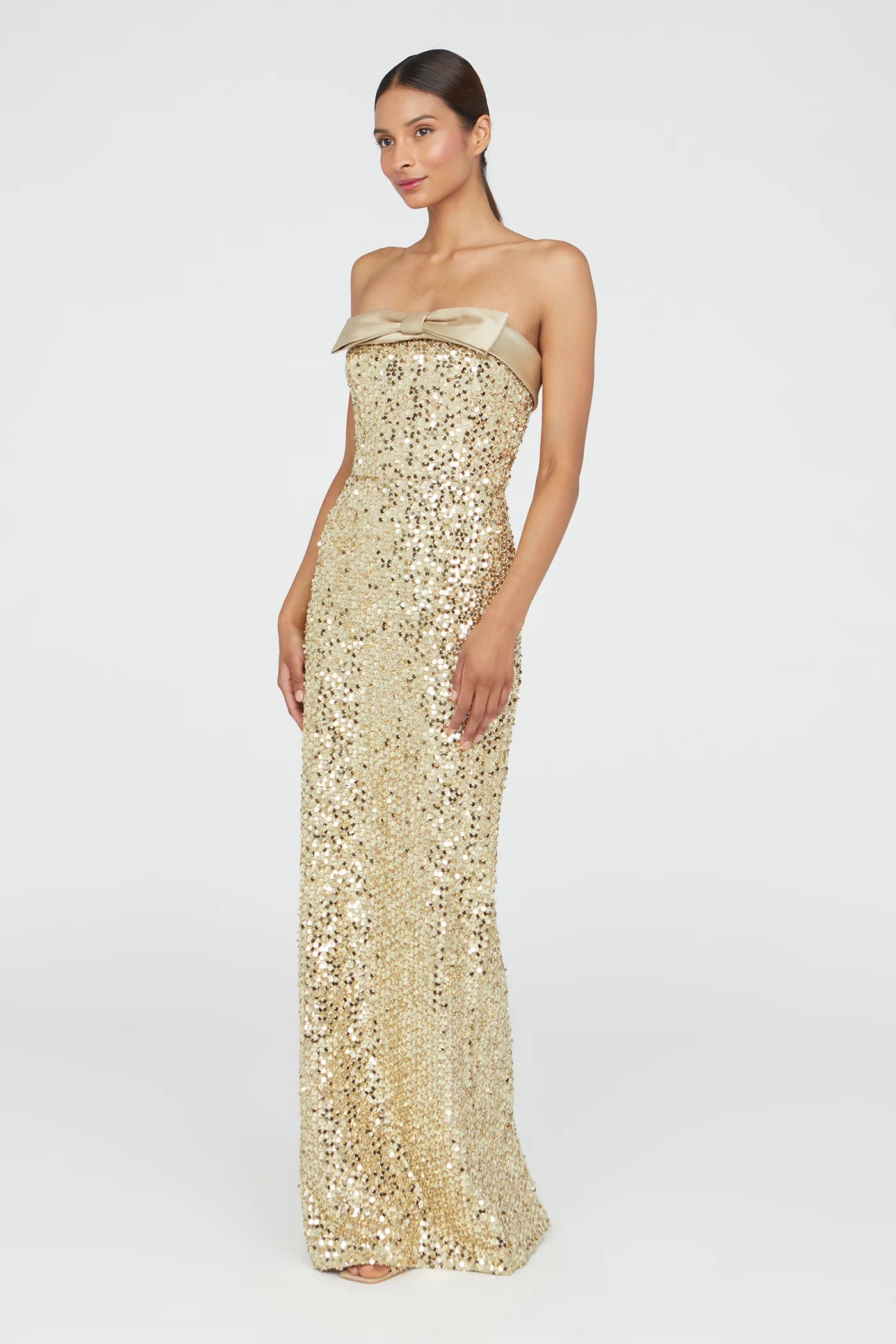 Gold Sequin Sheath Strapless Satin Bow Detail High Slit Floor Length Formal Evening Prom Dress