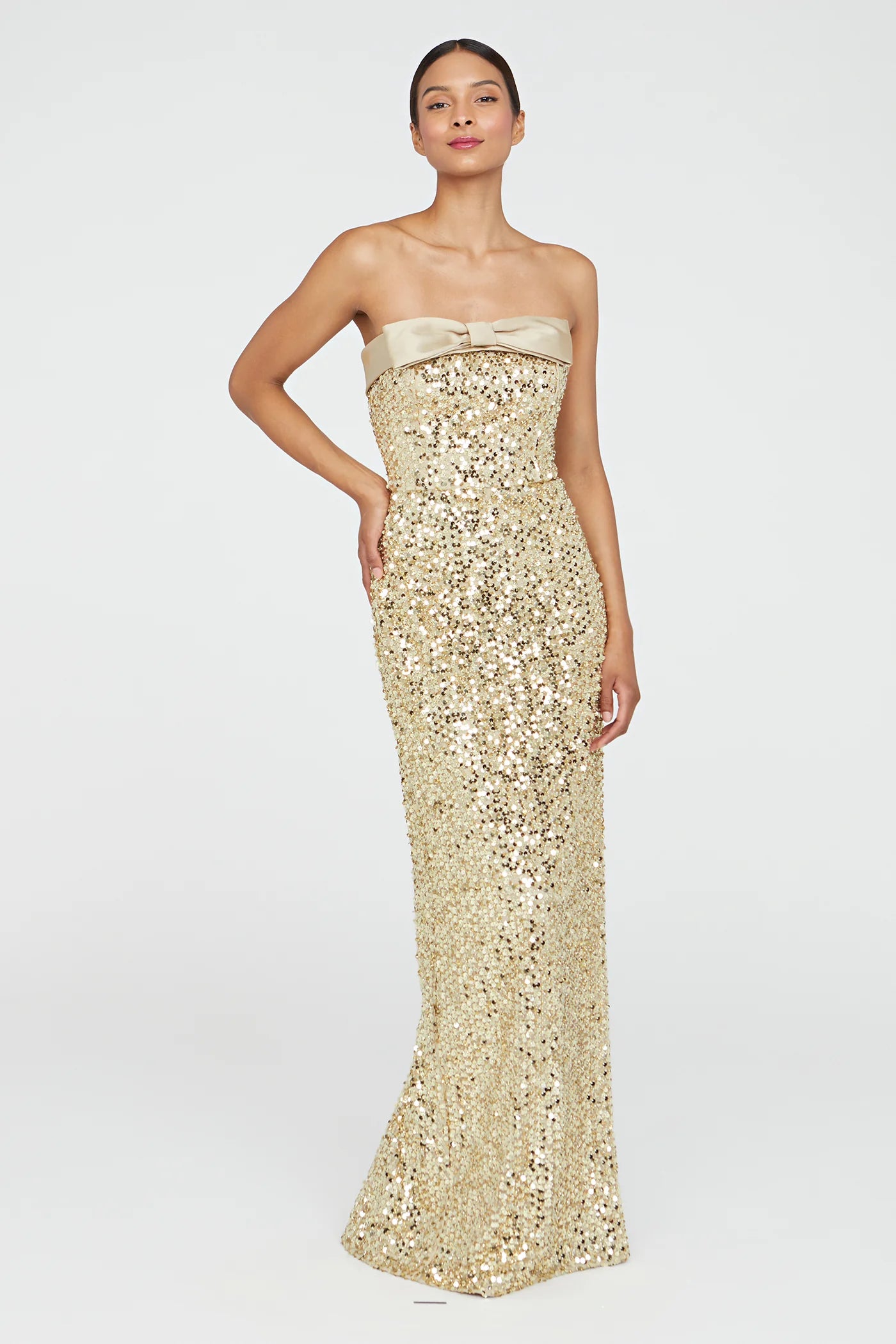 Gold Sequin Sheath Strapless Satin Bow Detail High Slit Floor Length Formal Evening Prom Dress