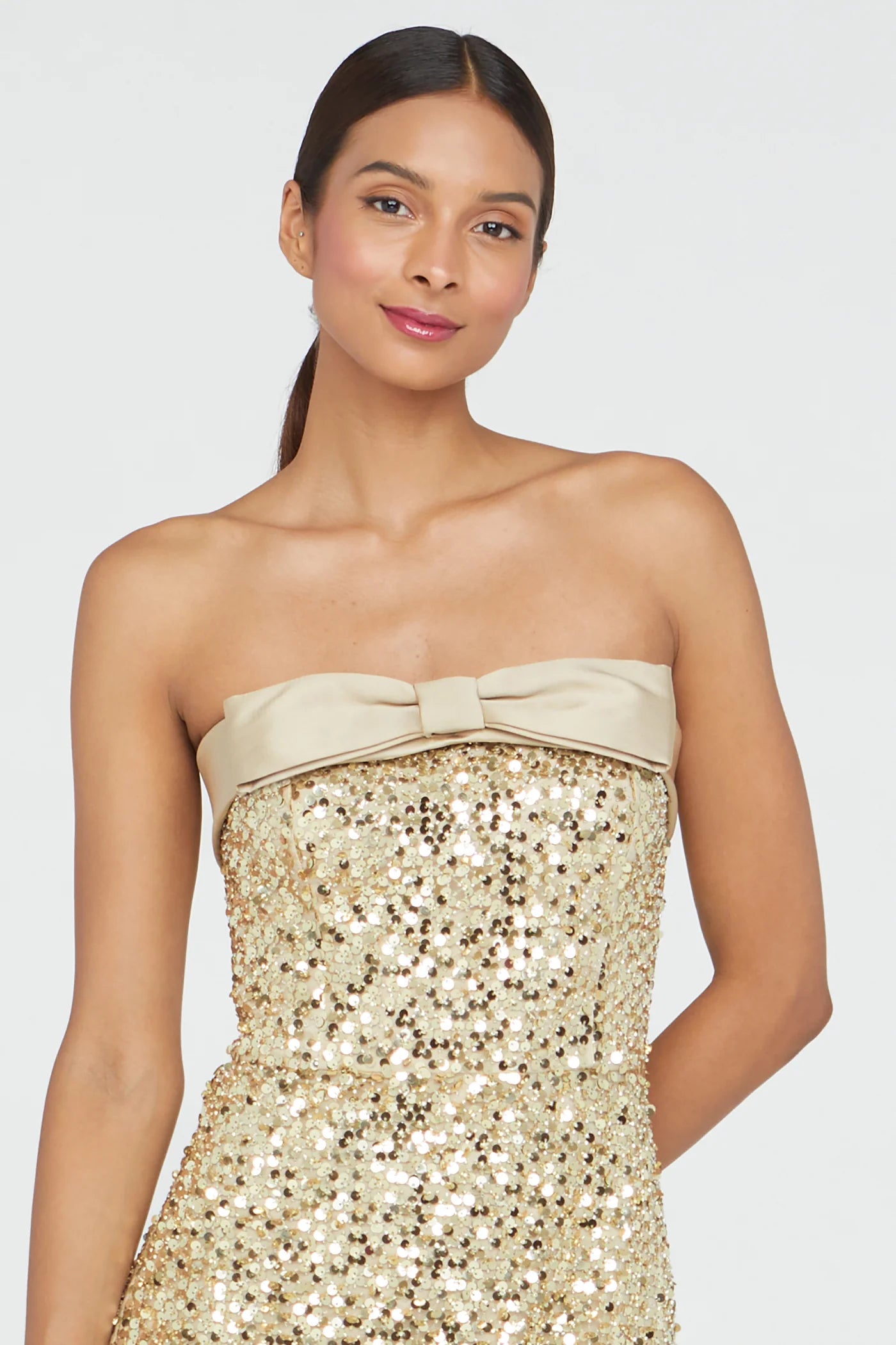 Gold Sequin Sheath Strapless Satin Bow Detail High Slit Floor Length Formal Evening Prom Dress