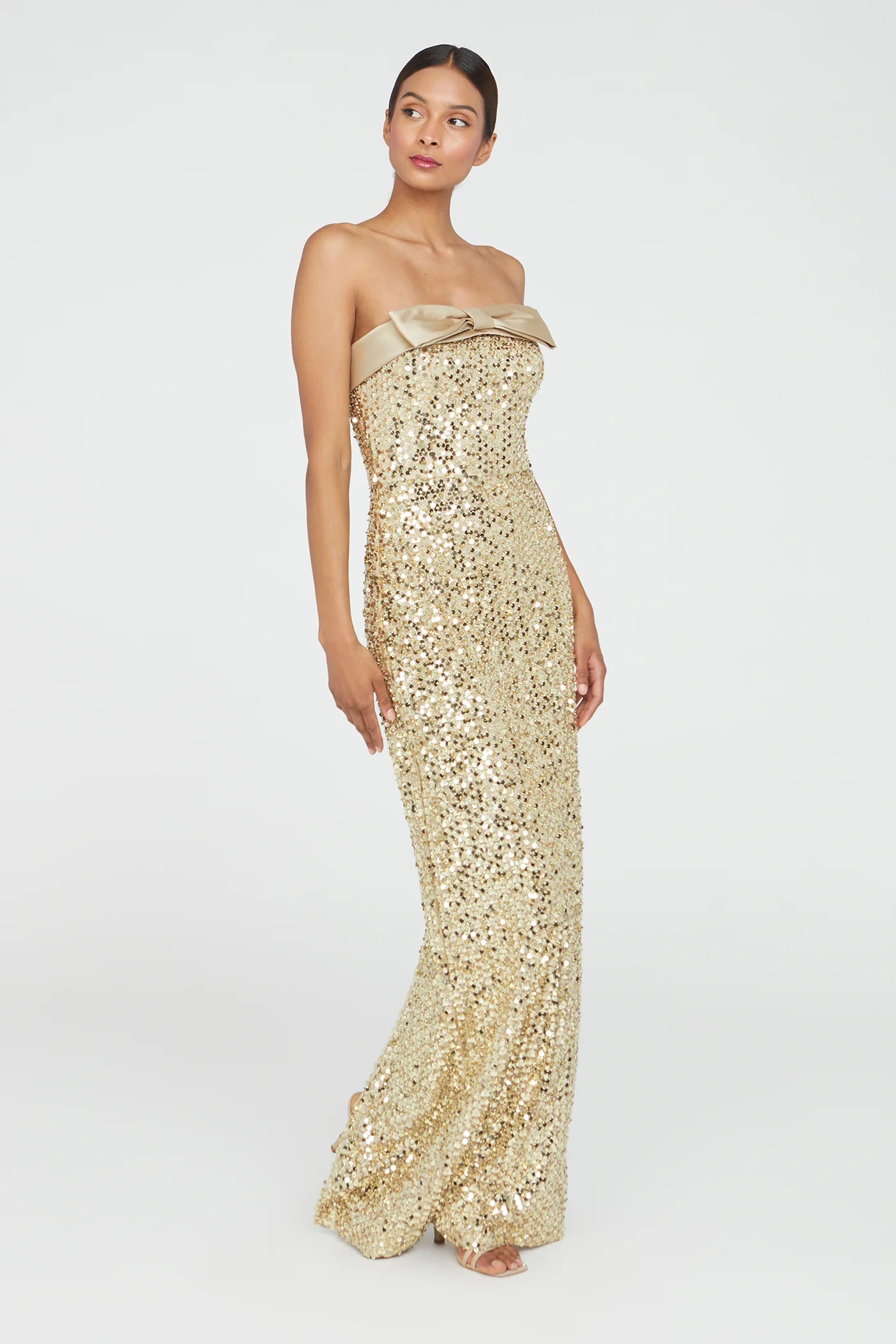 Gold Sequin Sheath Strapless Satin Bow Detail High Slit Floor Length Formal Evening Prom Dress