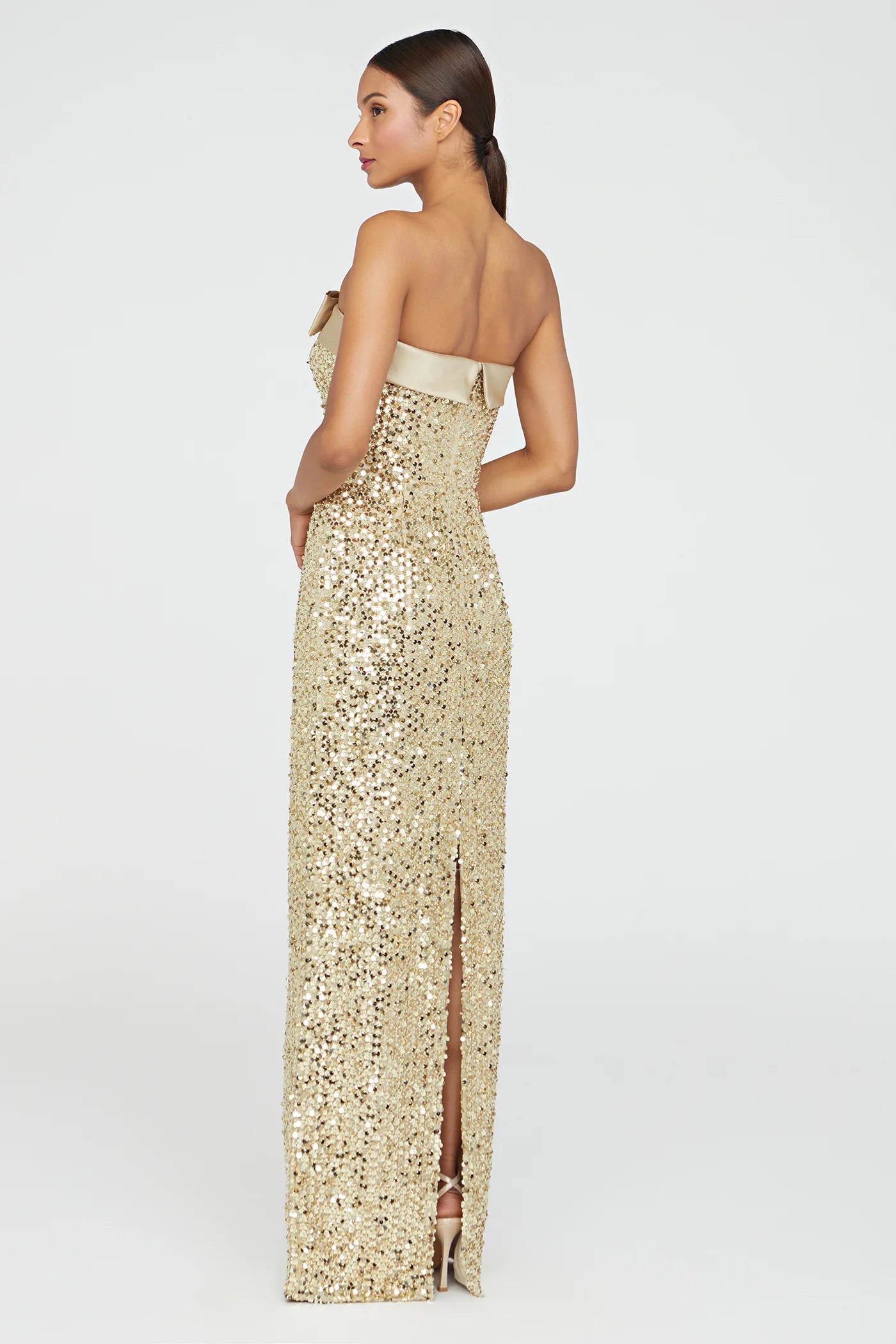 Gold Sequin Sheath Strapless Satin Bow Detail High Slit Floor Length Formal Evening Prom Dress