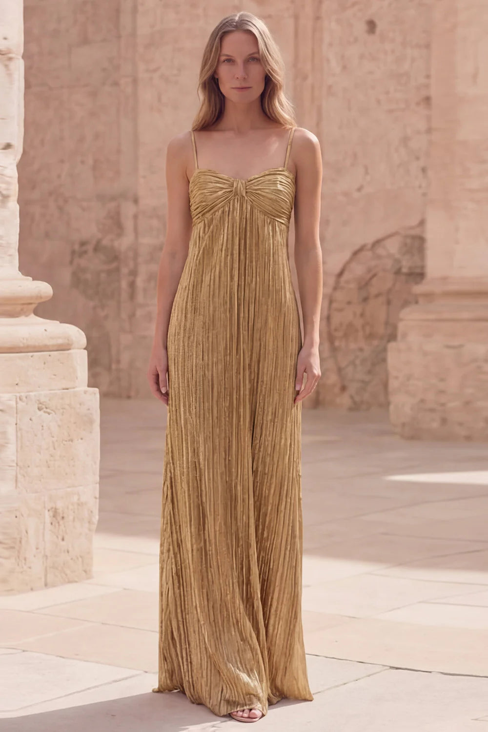 Gold Spaghetti Strap Prom Dress With Crinkled Pleated Fabric And Sweetheart Neckline Formal Prom Dress