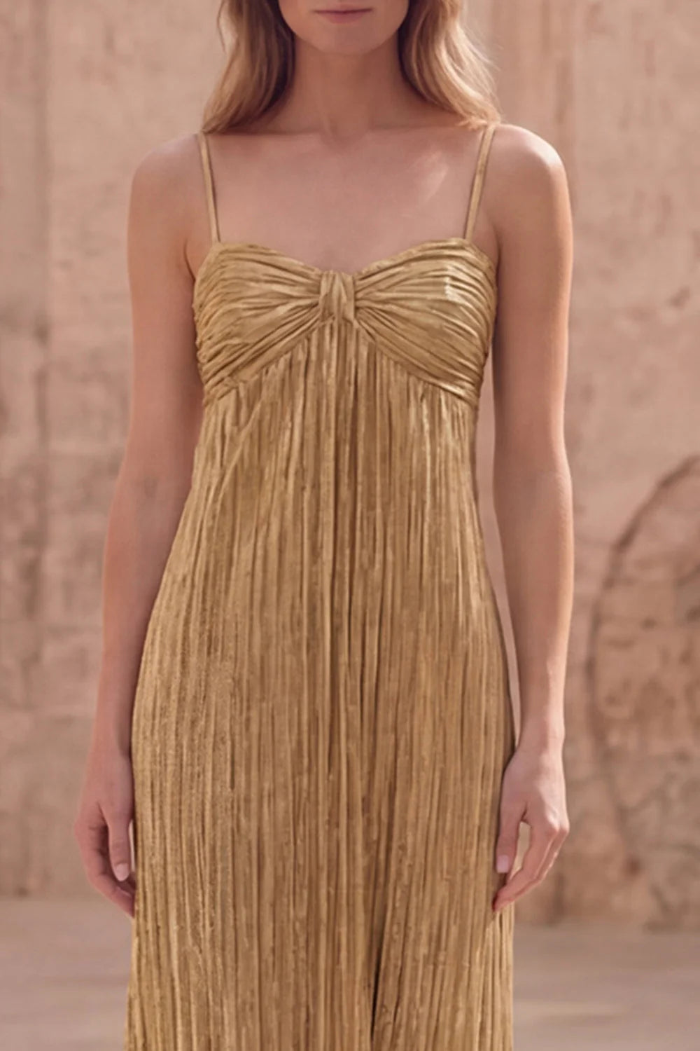 Gold Spaghetti Strap Prom Dress With Crinkled Pleated Fabric And Sweetheart Neckline Formal Prom Dress