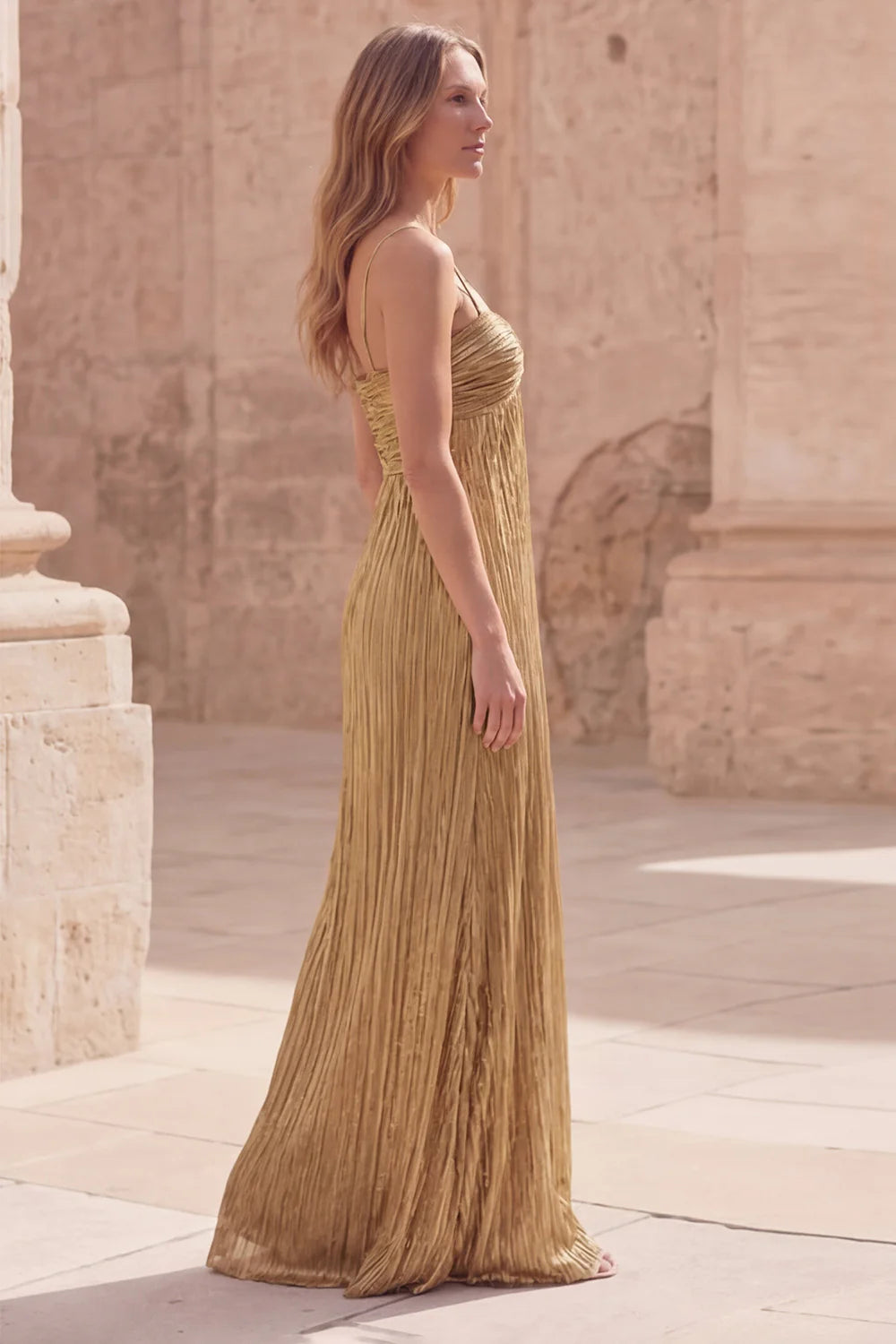 Gold Spaghetti Strap Prom Dress With Crinkled Pleated Fabric And Sweetheart Neckline Formal Prom Dress