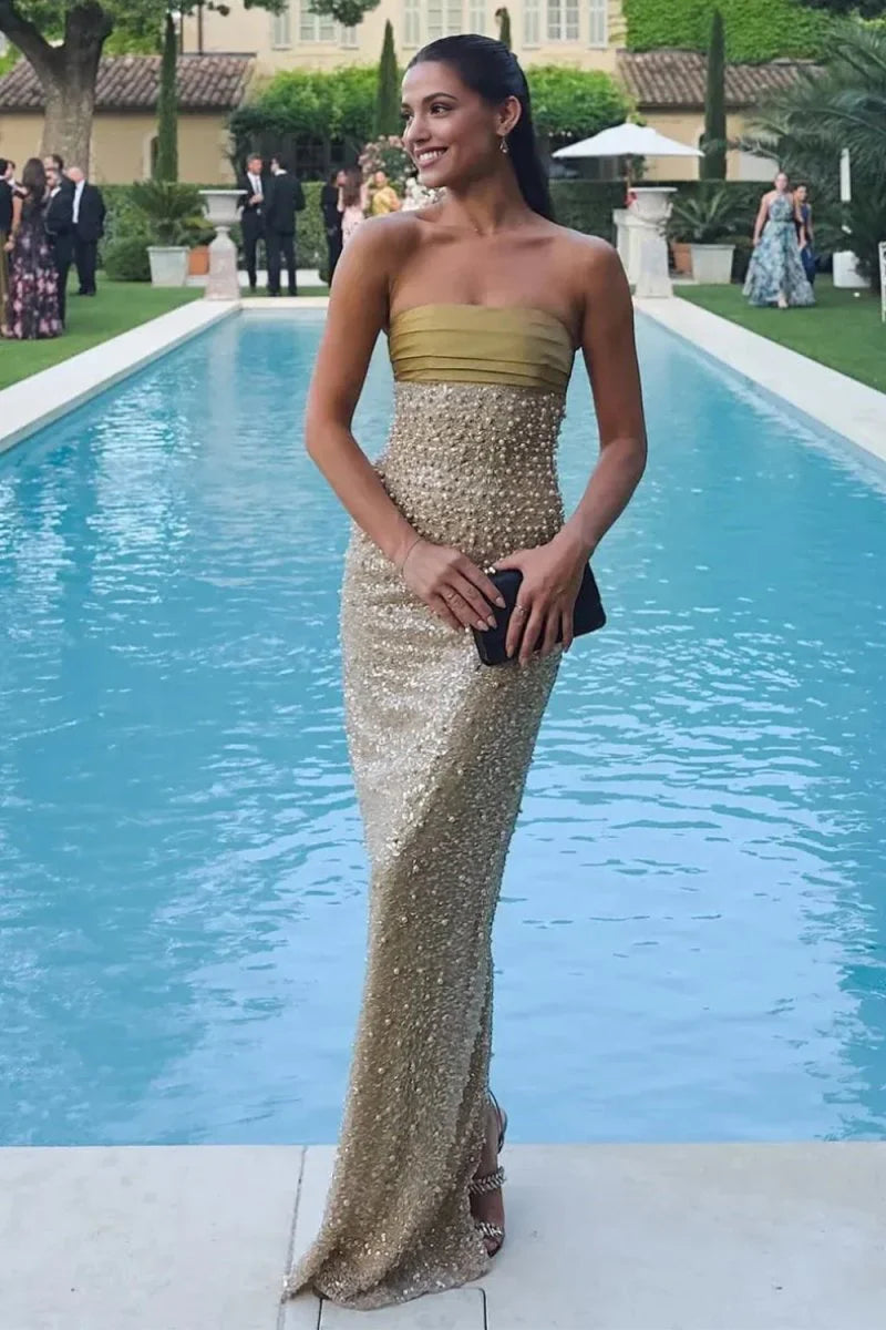 Gold Strapless Beaded Sequin High Slit Mermaid Evening Dress