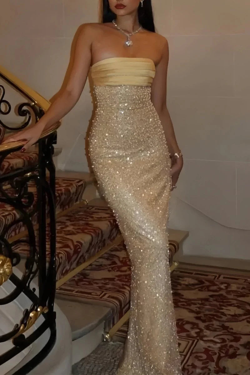 Gold Strapless Beaded Sequin High Slit Mermaid Evening Dress