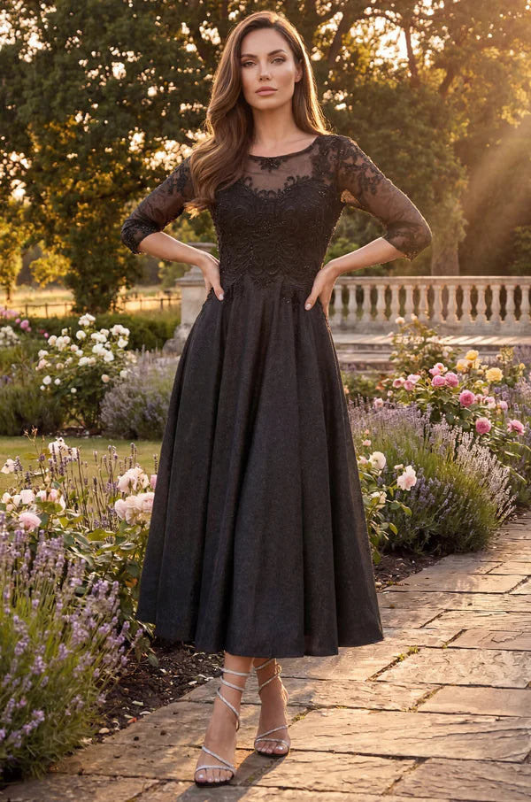 Gold and Black Illusion Lace Tea Length A Line Formal Evening Prom Dress