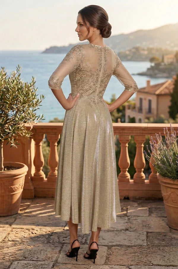 Gold and Black Illusion Lace Tea Length A Line Formal Evening Prom Dress