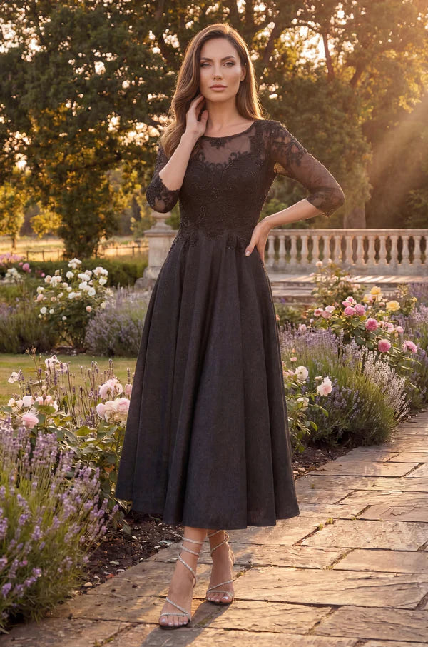 Gold and Black Illusion Lace Tea Length A Line Formal Evening Prom Dress