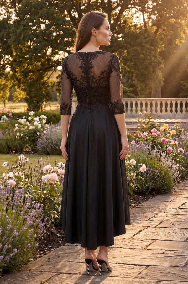 Gold and Black Illusion Lace Tea Length A Line Formal Evening Prom Dress