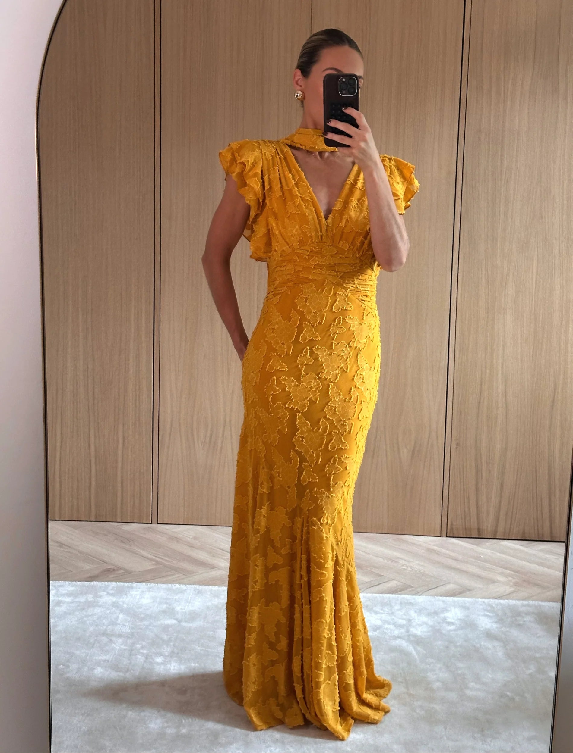 Golden Yellow Floral Textured Mermaid Prom Dress with V Neck Choker Neckline and Ruffled Sleeves for Formal Events and Gala Occasions