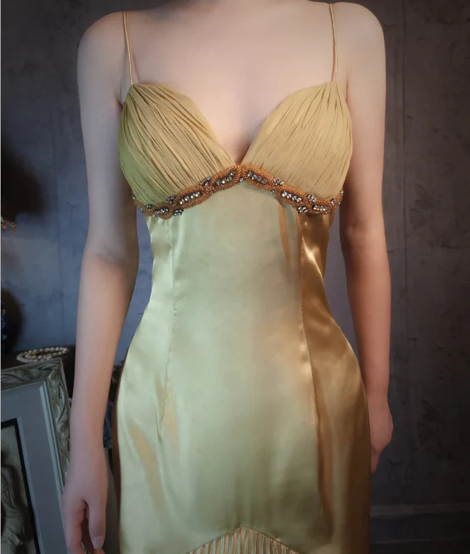 Golden Yellow Spaghetti Strap V-Neck Pleated Mermaid Floor Length Prom Dress
