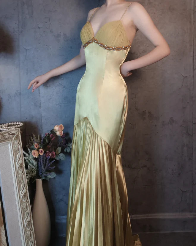 Golden Yellow Spaghetti Strap V-Neck Pleated Mermaid Floor Length Prom Dress