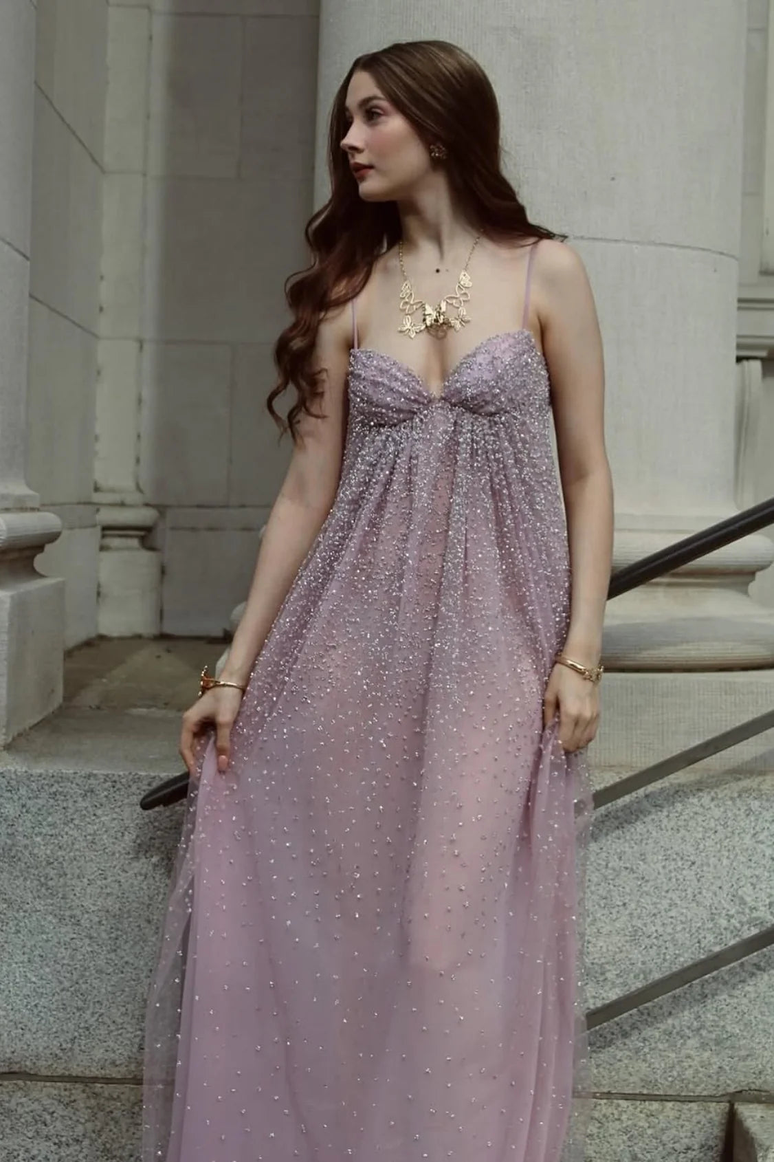 Gorgeous Beaded Tulle Spaghetti Strap Sweetheart Neck Open Back Cutout Flowy Maxi Dress Prom Dress