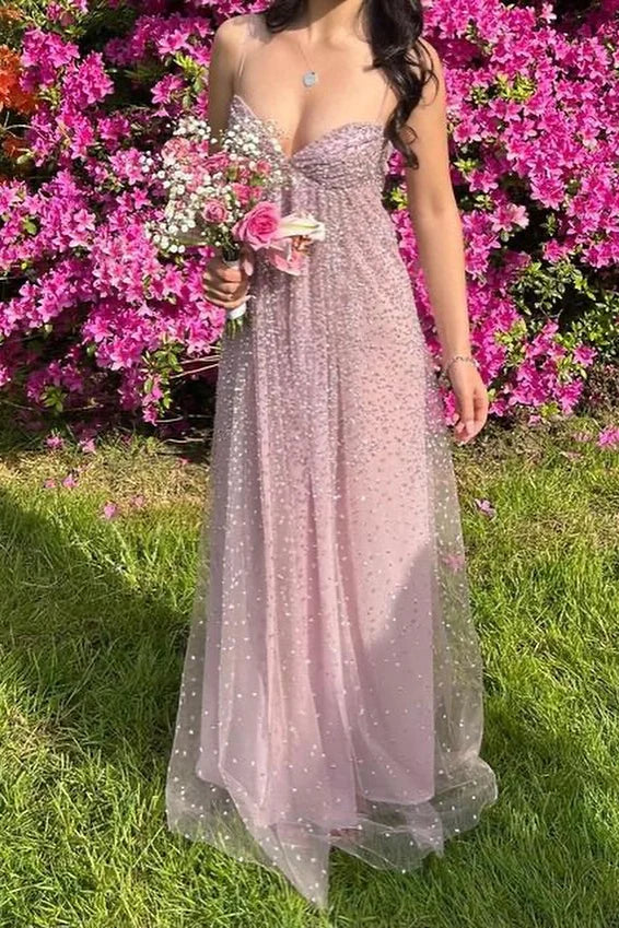 Gorgeous Beaded Tulle Spaghetti Strap Sweetheart Neck Open Back Cutout Flowy Maxi Dress Prom Dress