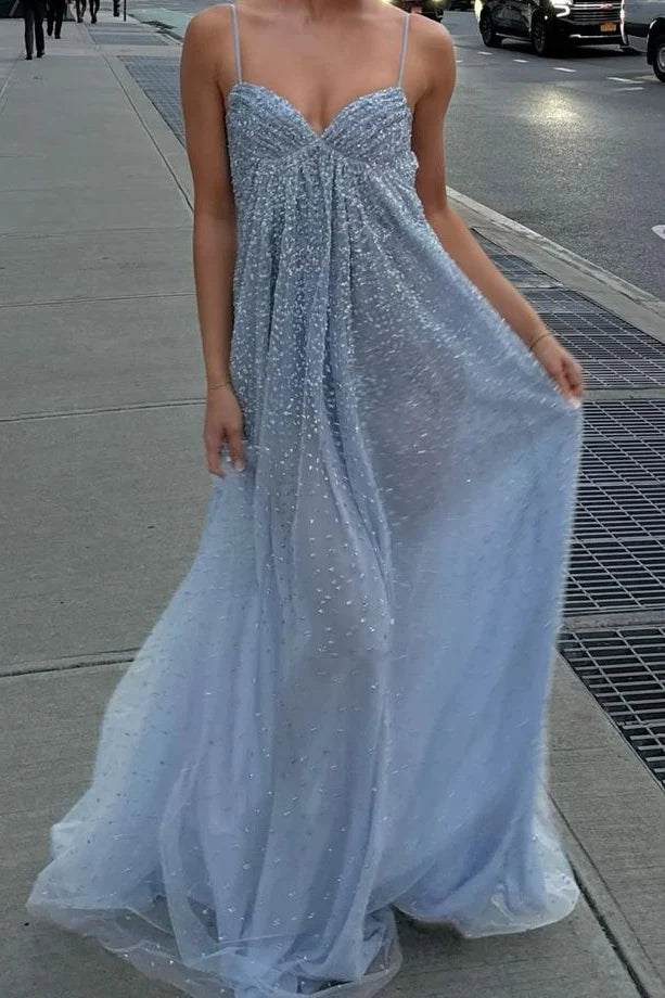 Gorgeous Beaded Tulle Spaghetti Strap Sweetheart Neck Open Back Cutout Flowy Maxi Dress Prom Dress