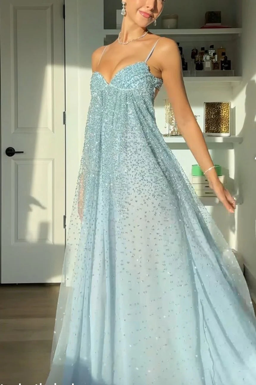 Gorgeous Beaded Tulle Spaghetti Strap Sweetheart Neck Open Back Cutout Flowy Maxi Dress Prom Dress