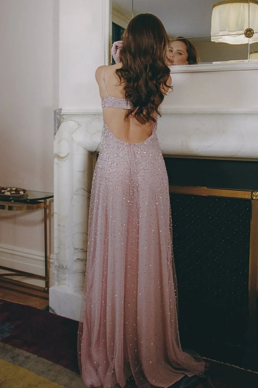 Gorgeous Beaded Tulle Spaghetti Strap Sweetheart Neck Open Back Cutout Flowy Maxi Dress Prom Dress