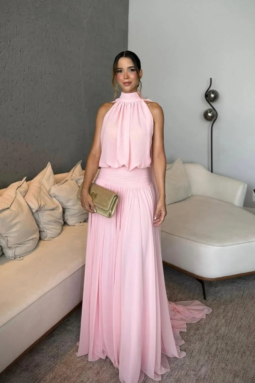 Gorgeous Blush Pink Chiffon Halter Neck Sleeveless Open Back Ruched Waist Pleated Sweep Train Maxi Dress Prom Dress