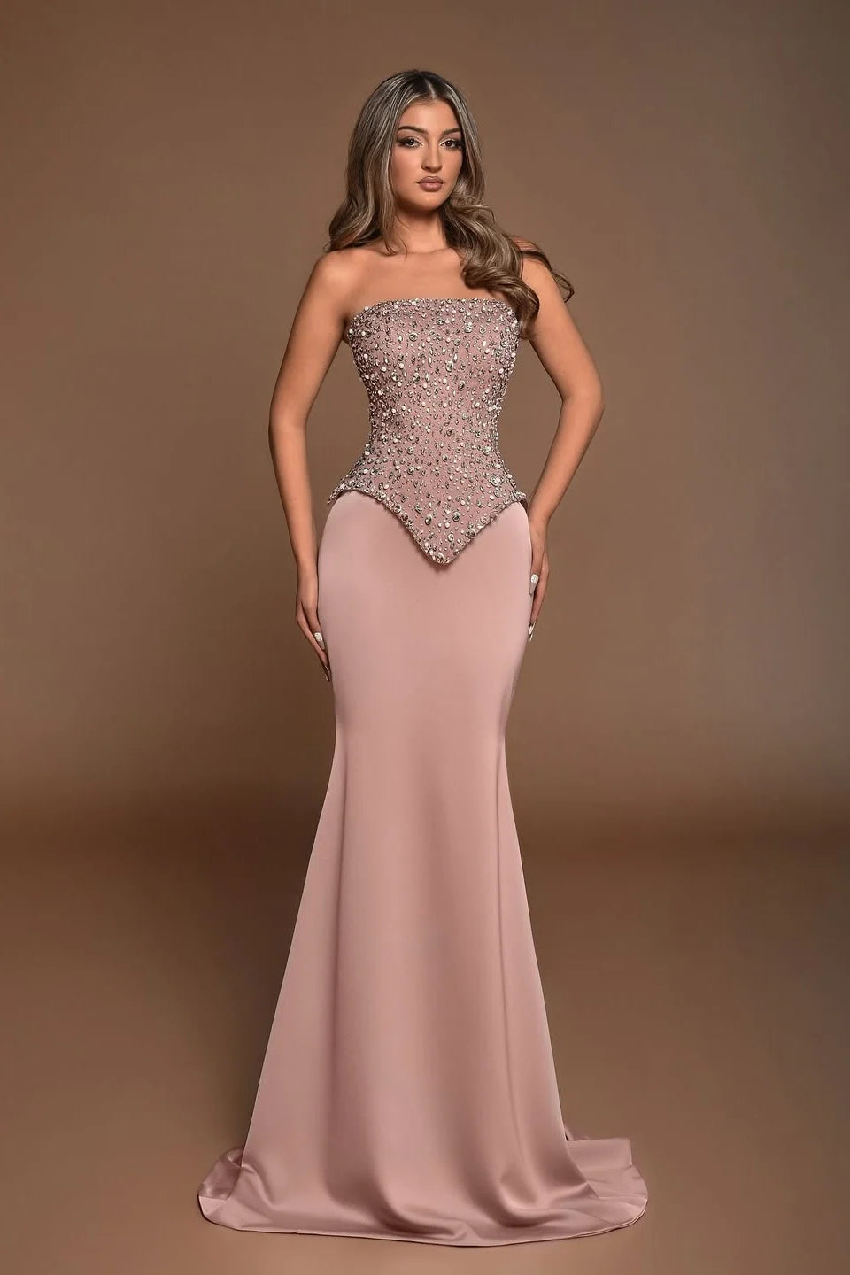 Gorgeous Dusty Rose Strapless Beaded Embellished Peplum Bodice Satin Mermaid Train Evening Dress Prom Dress