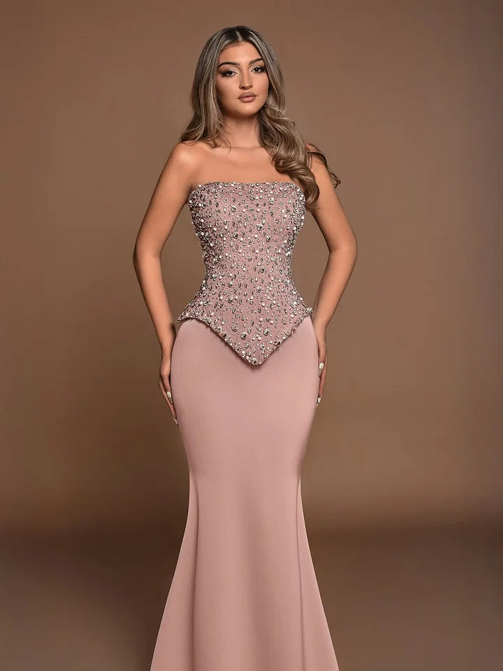 Gorgeous Dusty Rose Strapless Beaded Embellished Peplum Bodice Satin Mermaid Train Evening Dress Prom Dress