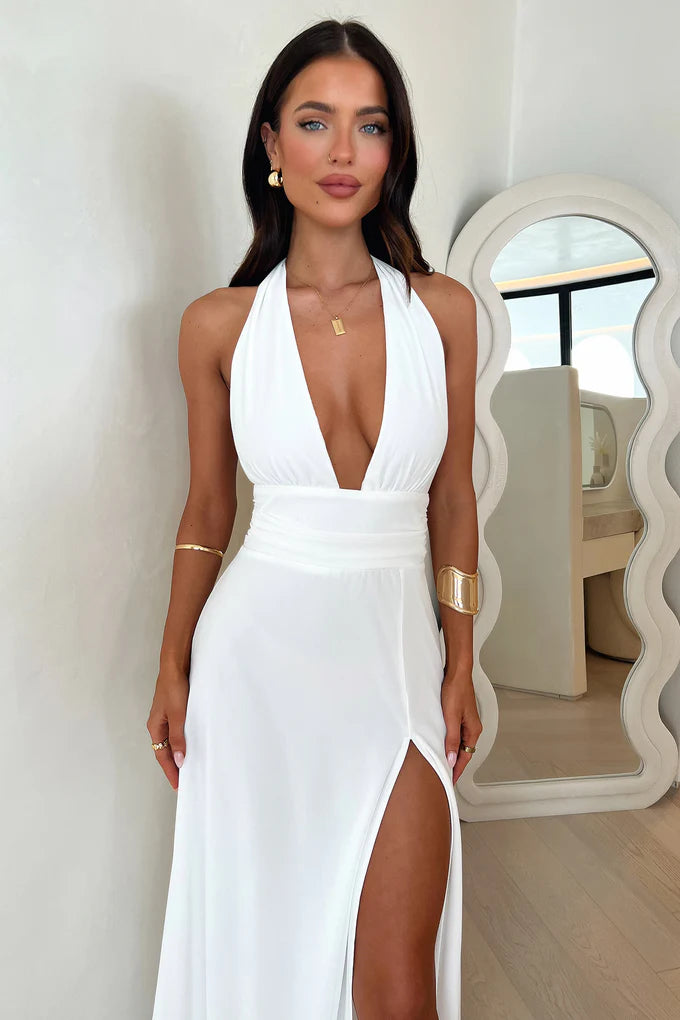 Gorgeous Ivory Satin Halter Neck Plunge Open Back Tie Waist High Slit Maxi Dress Prom Dress