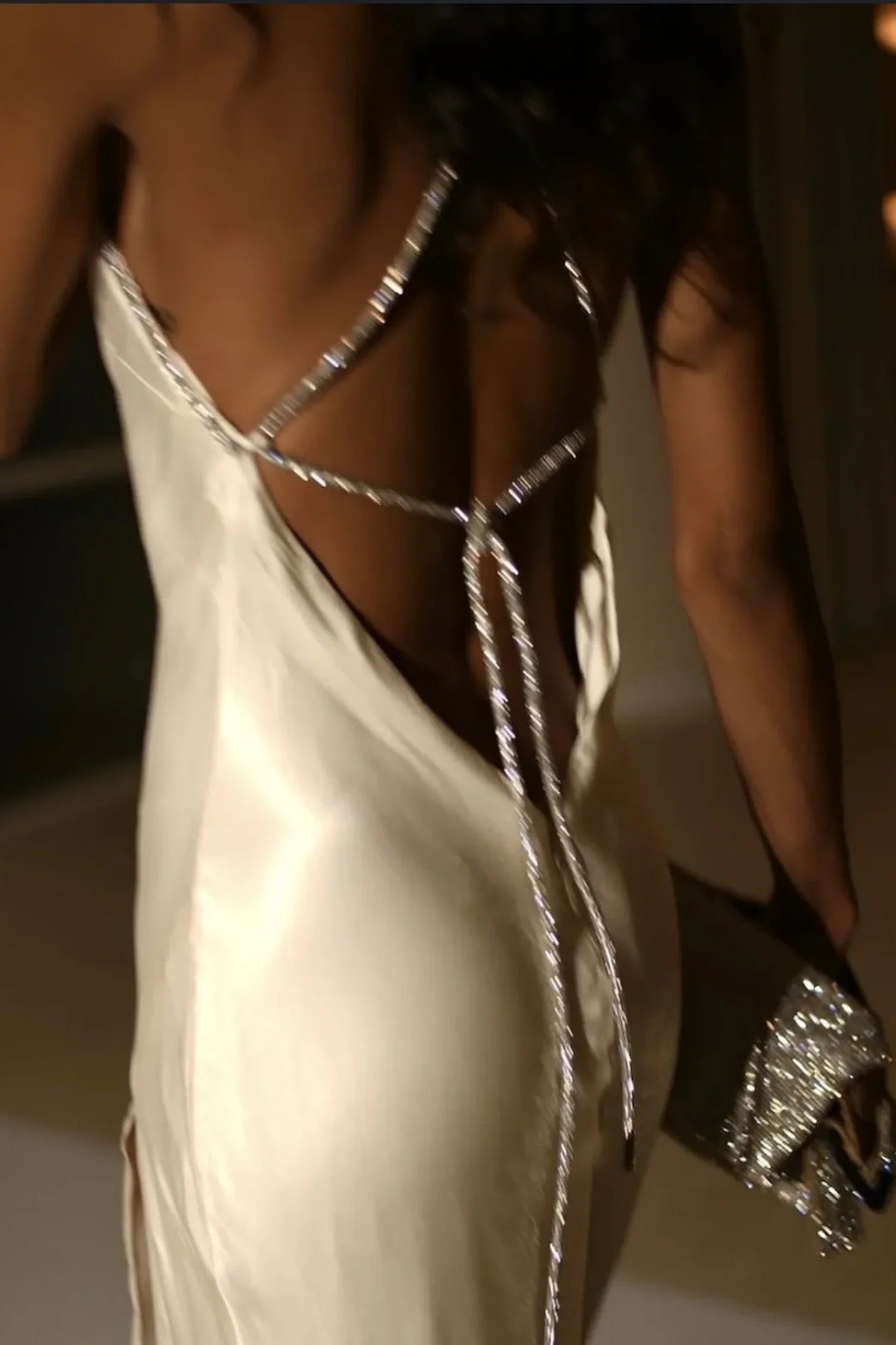 Gorgeous Ivory White Satin Rhinestone Halter Neck Crisscross Open Back High Slit Maxi Dress Prom Dress