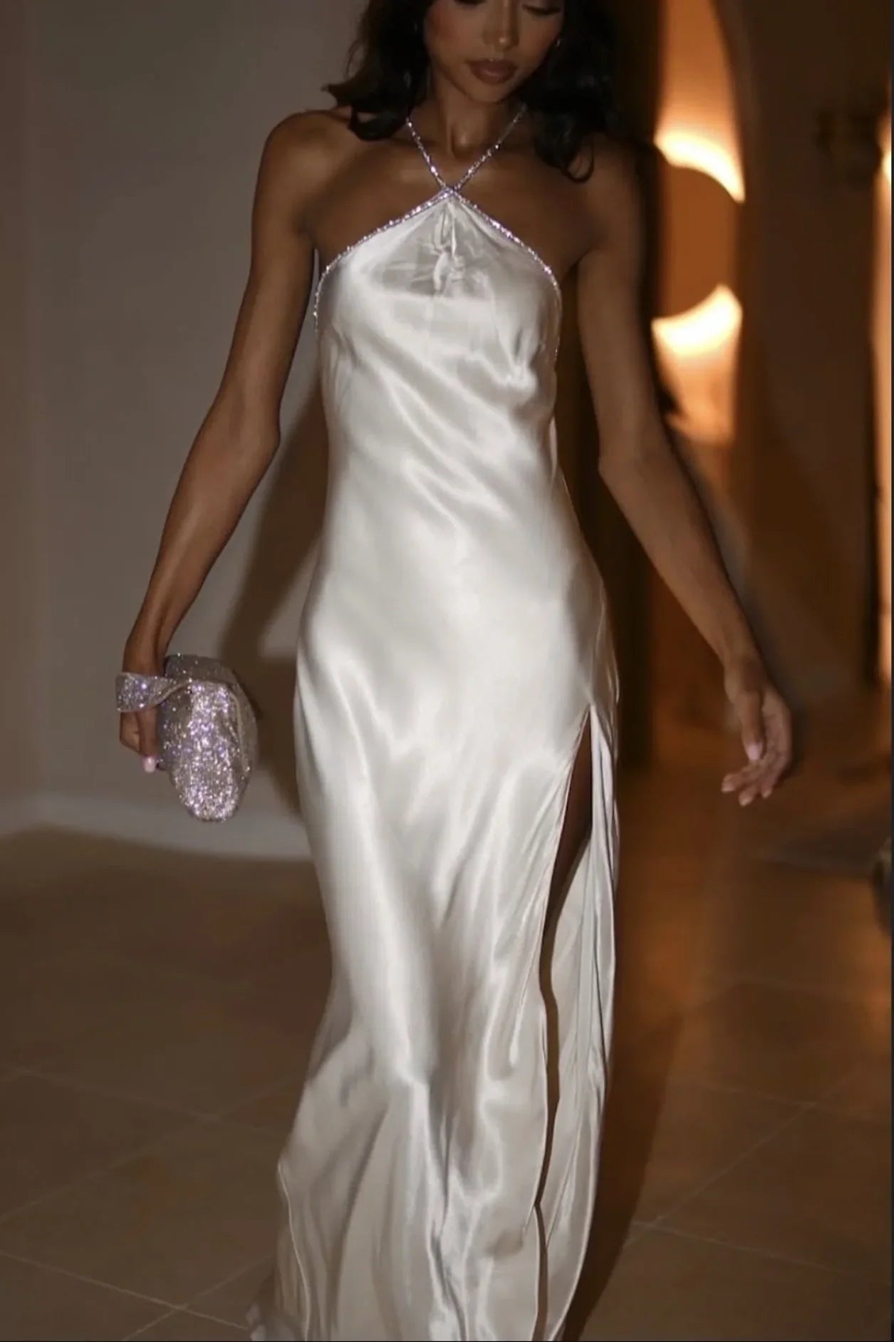 Gorgeous Ivory White Satin Rhinestone Halter Neck Crisscross Open Back High Slit Maxi Dress Prom Dress