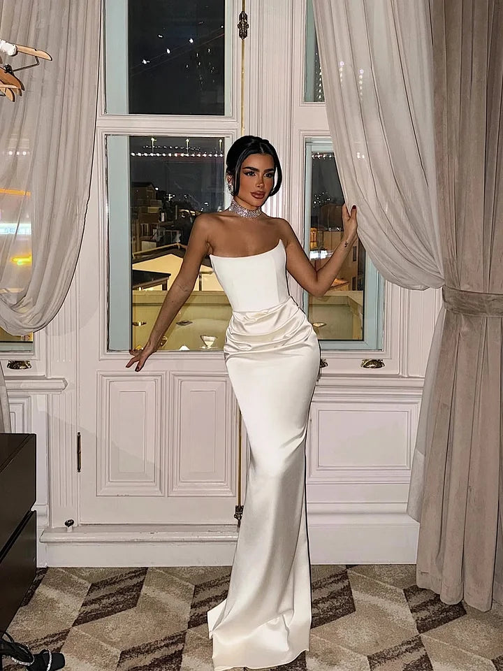 Gorgeous Ivory White Strapless Satin Ruched Waist Mermaid Train Maxi Dress Prom Dress
