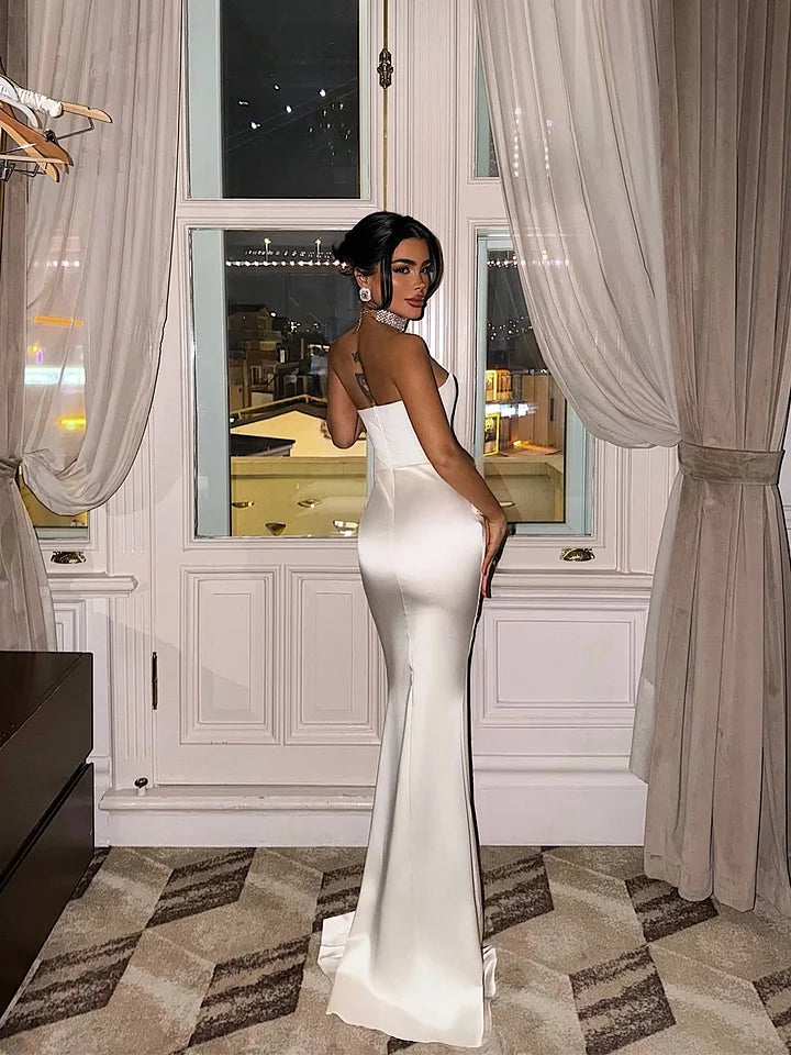 Gorgeous Ivory White Strapless Satin Ruched Waist Mermaid Train Maxi Dress Prom Dress