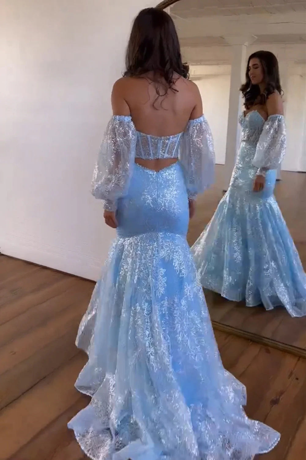 Mermaid Backless Gorgeous Light Blue Long Prom Dress With Detachable Sleeves